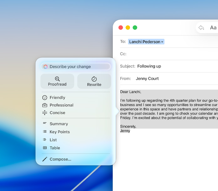 メールアプリでApple Intelligenceの作文ツールパネルを開いており、校正、書き直し、トーン調整のオプションが表示されている