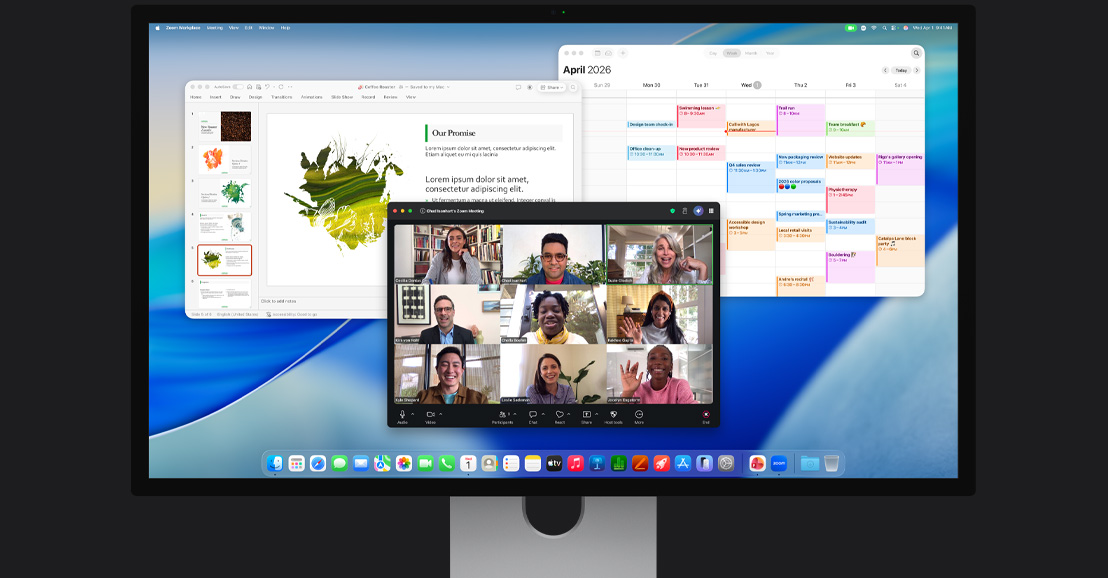 Macの画面に、複数の参加者によるZoomビデオ通話、カレンダーが表示されており、背景ではプレゼンテーションが開かれている