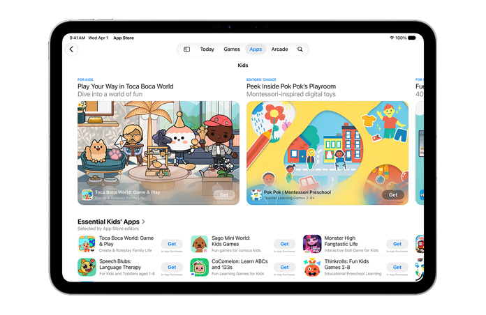En skjerm som viser kategorien Spesielt for barn i App Store.