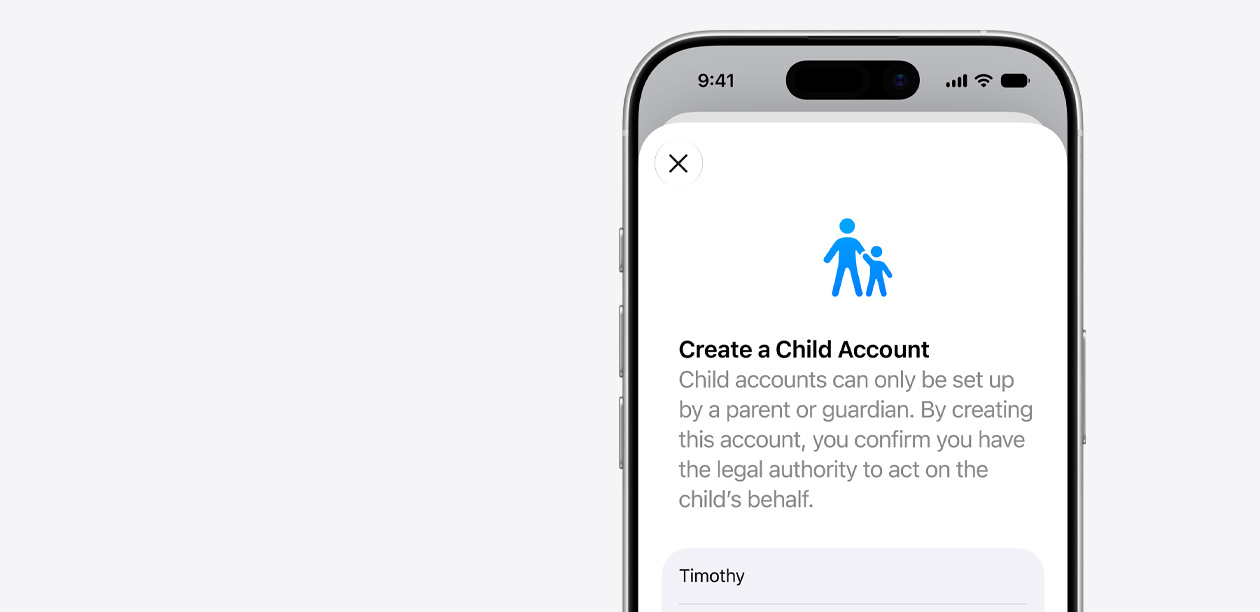 En iPhone viser brukergrensesnittet for oppsett av barnekonto med et symbol av en voksen og et barn over feltene for barnets navn.