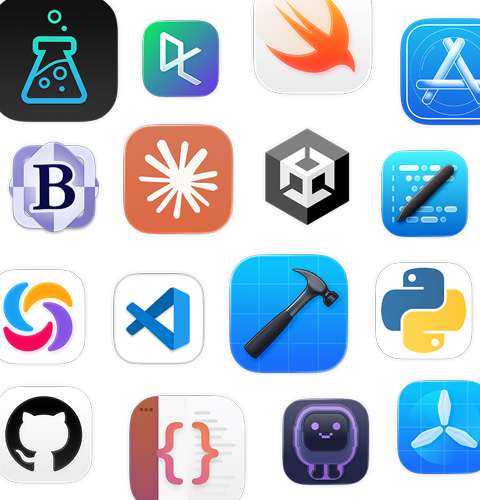 Unity Editor, DataCamp, Swift Playground, Apple Developer 등 코딩 앱 아이콘 모음