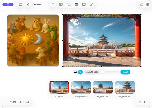 이미지 생성 및 자동 자르기의 두 가지 Apple Creator Studio 기능이 표시된 Freeform 앱이 표시된 화면