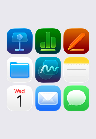 Keynote, Numbers, Pages, 파일, 메모 및 캘린더로 구성된 Apple 앱 아이콘이 3x3 격자 형태로 배열된 모습.
