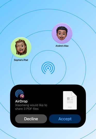 PDF 파일 3장 공유 요청 및 거절 또는 수락 옵션을 보여주는 AirDrop 인터페이스의 모습.