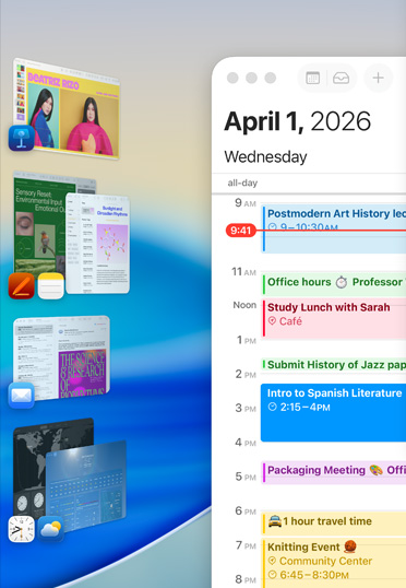 Keynote, Pages, 메모, Mail을 포함한 다양한 Apple 앱이 화면에 그룹별로 표시되어 있는 모습.