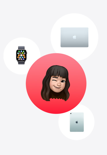 빨간 원 안에 있는 미모지를 둘러싸고 있는 Apple Watch, MacBook, iPad의 모습