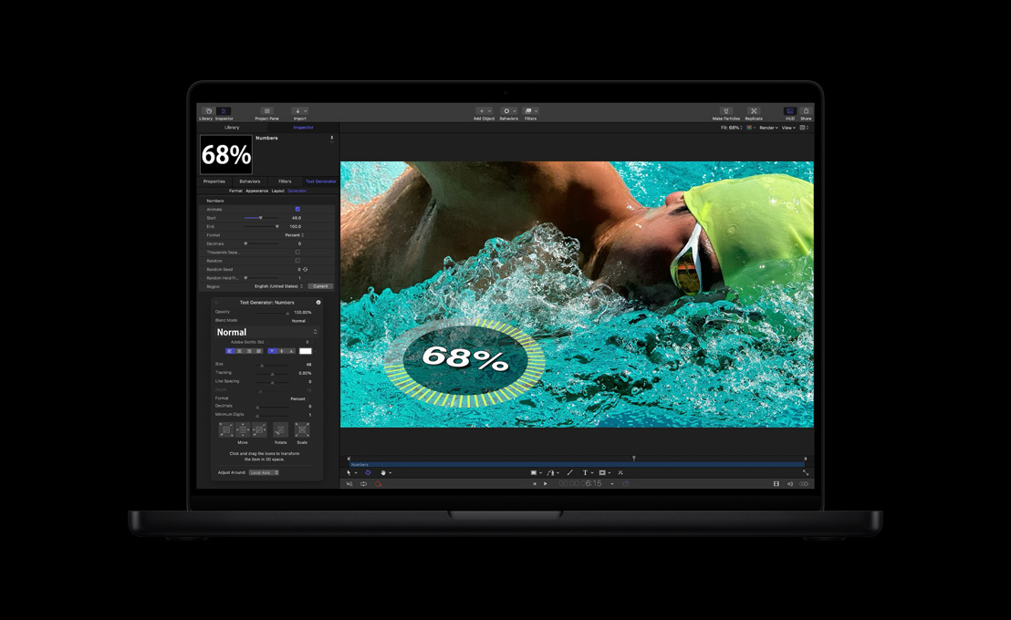MacBook Pro 16, swimmer in pool, demonstration of 2D and 3D text generation