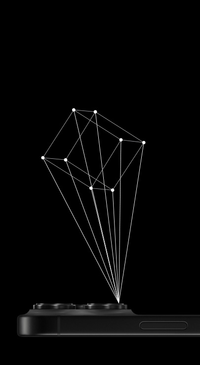 Een iPhone ligt met het scherm naar beneden, lijnen die samen een driedimensionale kubus vormen, komen uit de LiDAR-scanner van de iPhone
