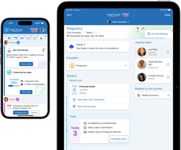 iPhone- og iPad-skjermer som viser MyChart-appen fra Epic.