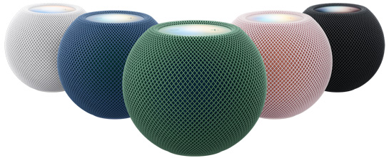 HomePod mini 2, Gewebe, Touch Oberfläche oben, erhältliche Farben, Weiß, Blau, Grün, Rosa und Mitternacht