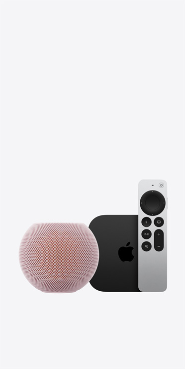 HomePod mini 2, Farbe Rosa, mit Apple TV 4K und Siri Remote