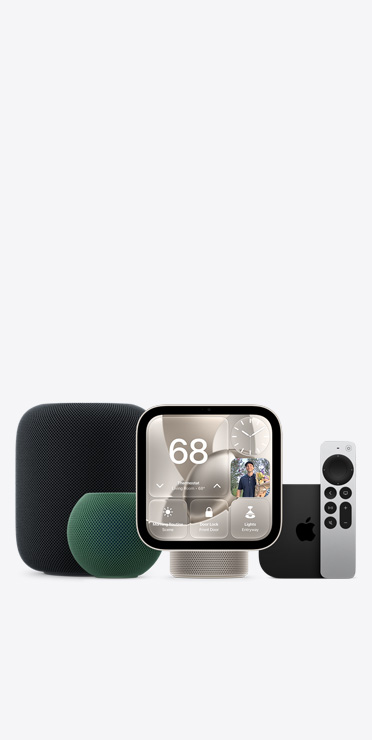 Apple Home devices, including HomePod in midnight color, HomePod mini 2 in green color, Apple HomeView, starlight color (pale gold), showing Home app, and Apple TV 4K with Siri Remote