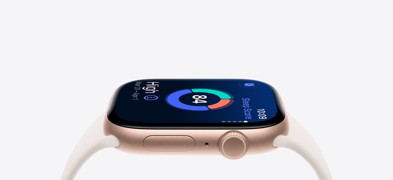 Apple Watch Series 11, rose gold colour, aluminum case, sleep score, right side exterior, Digital Crown, microphone, side button, starlight Sport Band