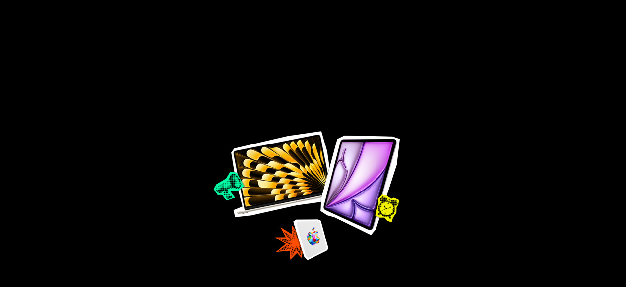 MacBook, display che mostra un motivo a ventaglio color oro e nero, adesivo verde con l’emoji di un megafono, iPad viola, Apple Gift Card rettangolare con un logo Apple colorato al centro, adesivo giallo con l’emoji di un orologio