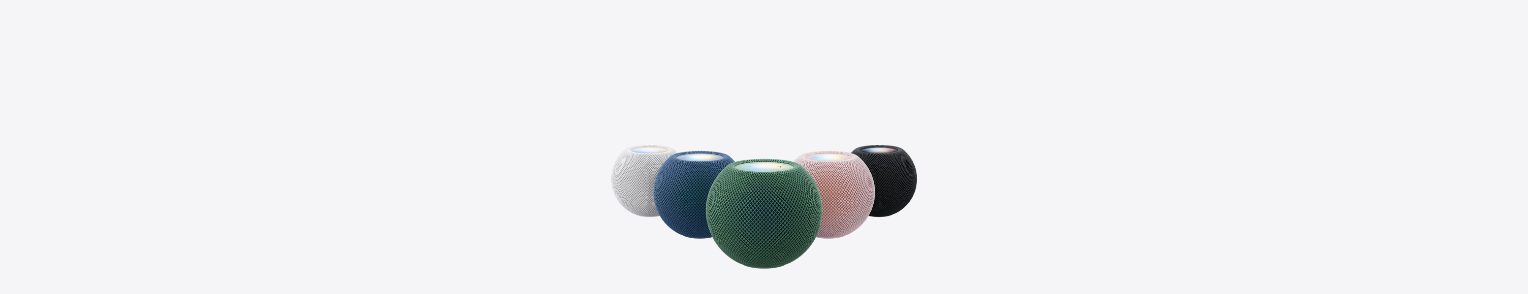 HomePod mini 2 nei cinque colori disponibili: bianco, rosa, verde, blu e mezzanotte