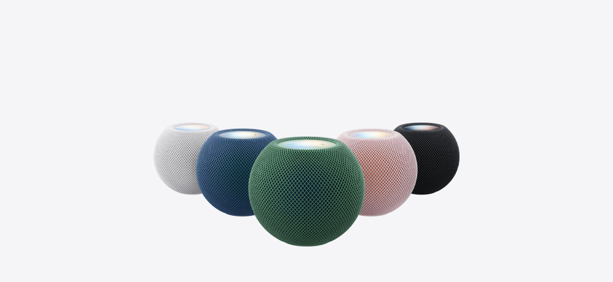 HomePod mini 2, all five colors: white, pink, green, blue, and midnight
