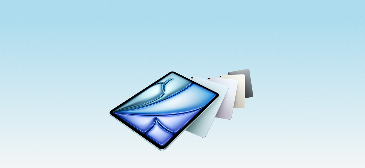 Μοντέλα iPad Air που αιωρούνται, πίσω όψη, σύστημα κάμερας με μονό φακό, μπροστινή όψη, στρογγυλεμένες γωνίες, μαύρο πλαίσιο οθόνης