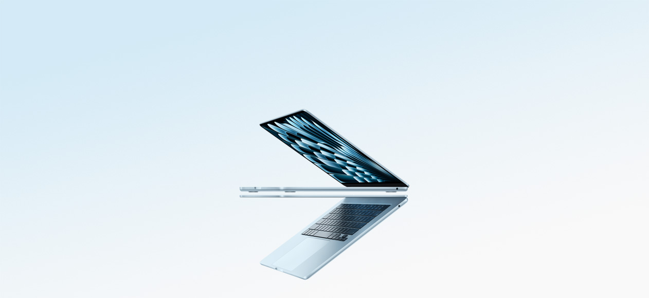 Κινούμενο γραφικό με δύο laptop MacBook&nbsp;Air σε Γαλάζιο χρώμα να ανοίγουν σε σχήμα βέλους, με έμφαση στο στενό τους προφίλ
