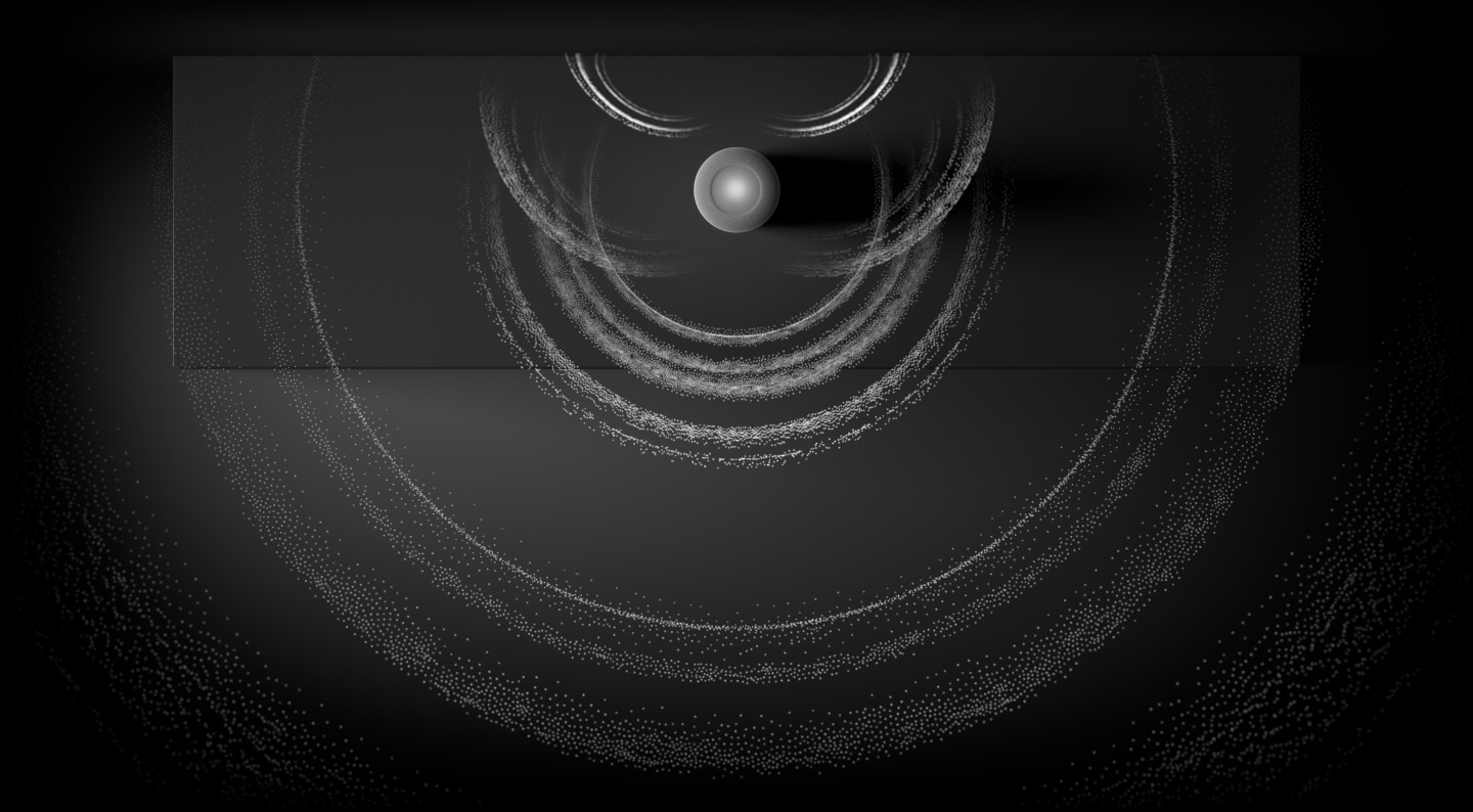 Visualización del audio espacial, se muestra el HomePod desde arriba con ondas de partículas sonoras que salen de él.