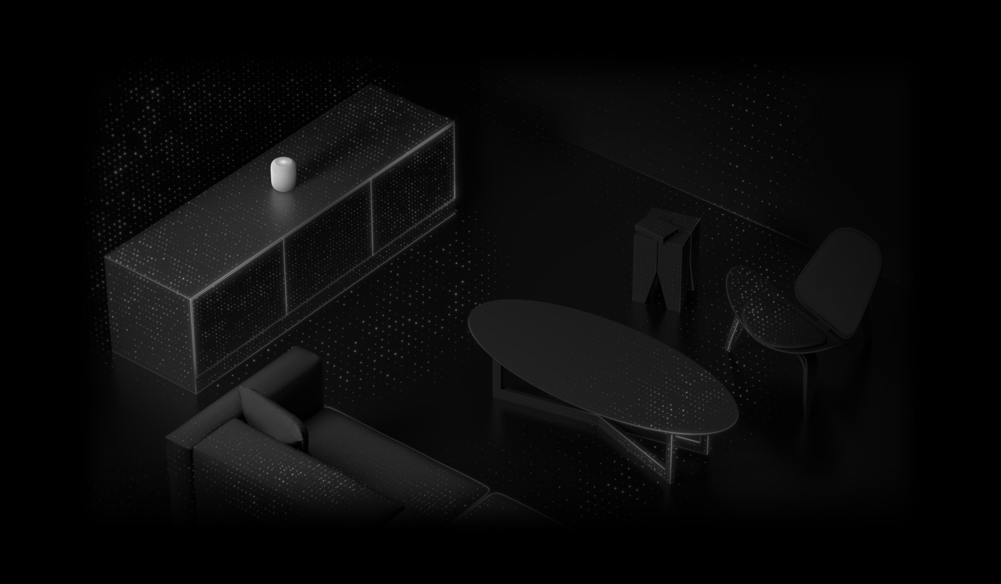 Animación del sensor de espacio. Un HomePod colocado sobre una cómoda en una habitación. El HomePod emite partículas luminosas animadas que representan el sonido y se propagan a otros objetos de la habitación: un sofá, una mesa de centro, una mesita auxiliar y una silla.