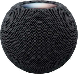 HomePod mini 2 color mezzanotte, mostrato di fronte, design sferico compatto, tessuto traforato acustico. Vista dall’alto, superficie touch retroilluminata, illuminazione multicolore