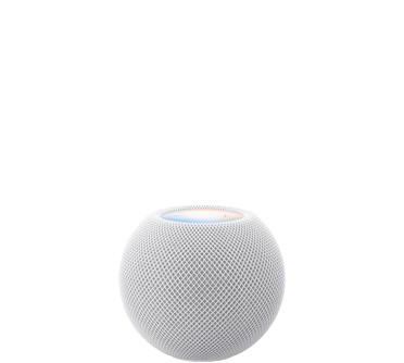 HomePod mini 2, white color, front exterior, compact spherical design, seamless acoustic mesh fabric. Top exterior, flat backlit touch surface, multi-colored illumination