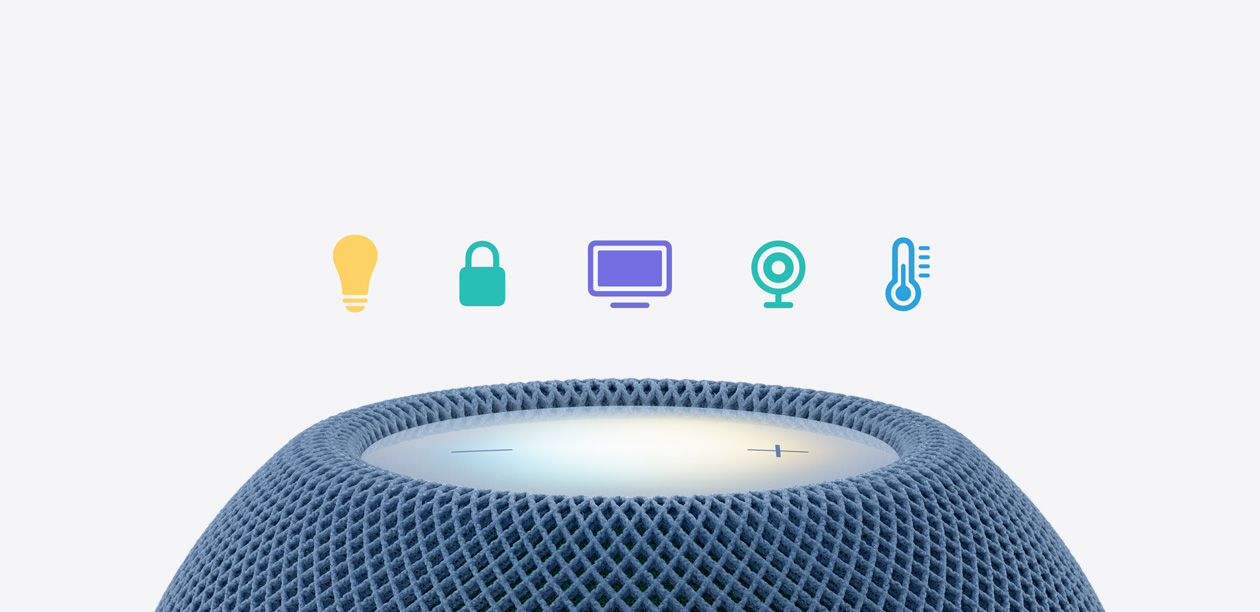 HomePod mini 2, top exterior, blue color, illuminated touch surface, five smart home icons above: lightbulb, padlock, television, security camera, thermometer