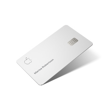 Apple Card, white titanium finish, Apple logo top left, embossed cardholder name, chip on right