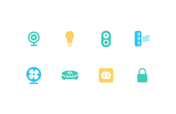Smart home accessory icons: Includes icons such as lock, camera, fan, outlet, light bulb, door bell