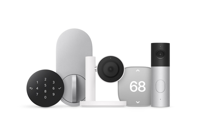 Smart home accessories: keypad door lock, deadbolt lock, camera on stand, thermostat, video doorbell