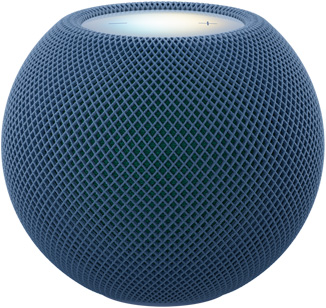 HomePod mini 2, blue color (dark blue), front exterior, compact spherical design, seamless acoustic mesh fabric. Top exterior, flat backlit touch surface, multi-colored illumination
