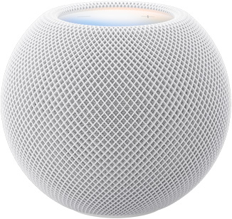 HomePod mini 2, white color, front exterior, compact spherical design, seamless acoustic mesh fabric. Top exterior, flat backlit touch surface, multi-colored illumination