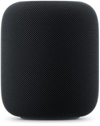 HomePod, Farbe Mitternacht, Vorderseite, zylindrisches Design, nahtloses akustisches Netzgewebe.