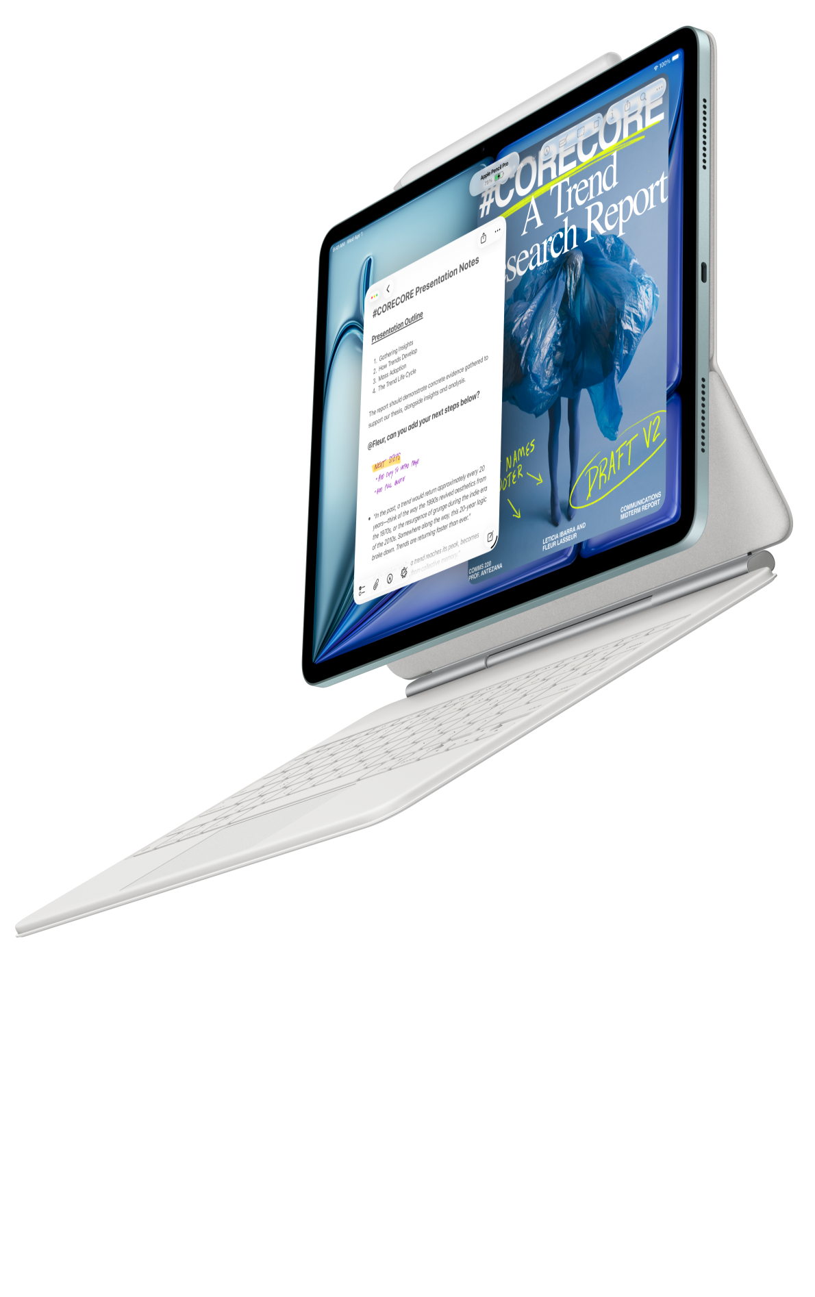 iPad Air, der har Magic Keyboard til iPad Air og Apple Pencil Pro fastgjort