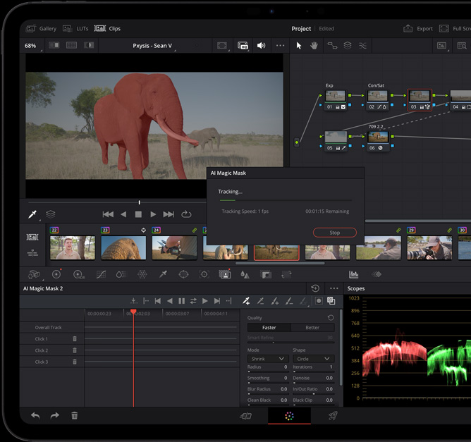 iPad Pro, front exterior, space black color, display showing video editing app with timelines and controls, AI Magic Mask tool tracking in progress, applying special effects to a clip of elephants