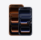 iPhone 17 Pro Max i kosmisk orange vist forfra, iPhone 17 Pro i dybblå vist forfra