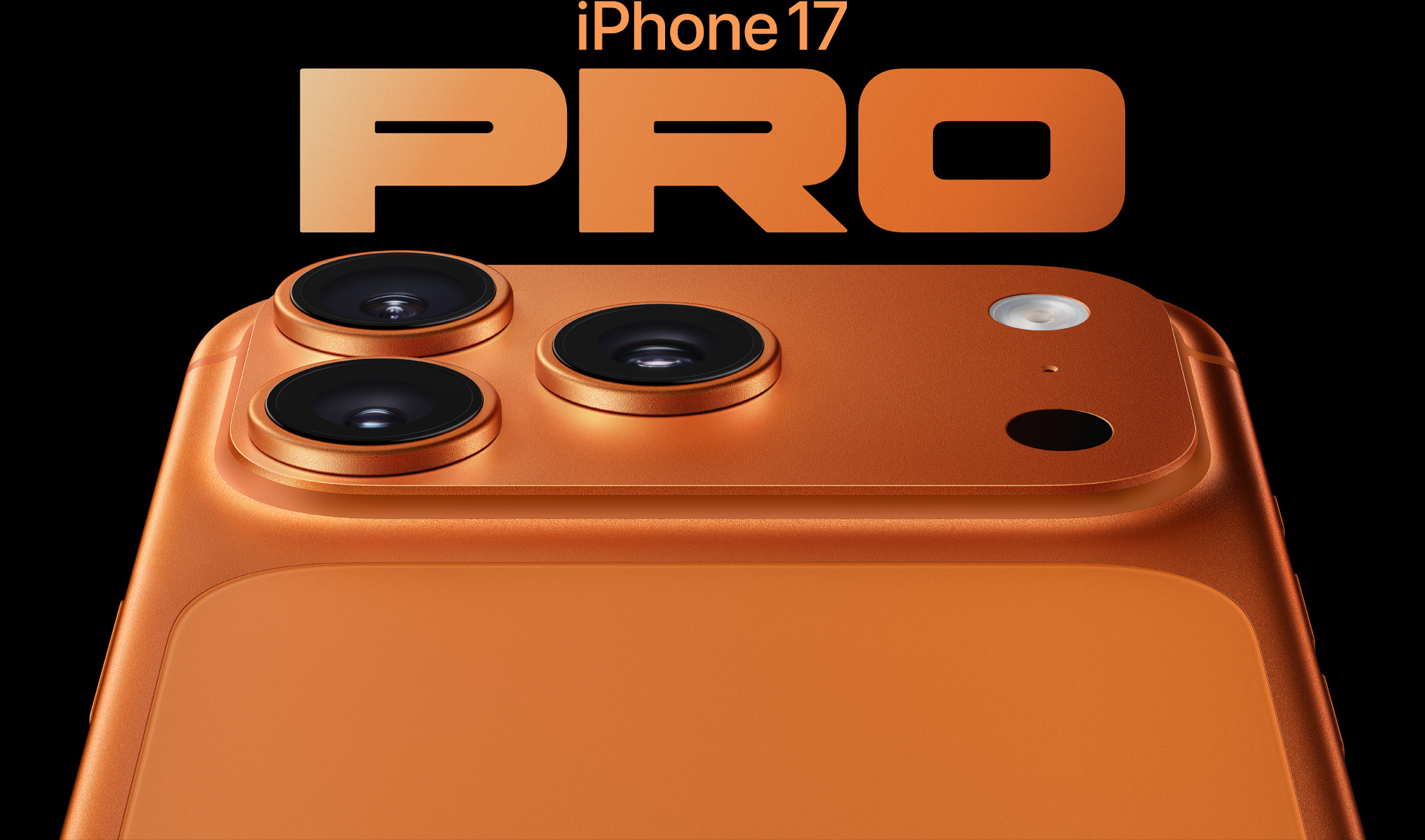 iPhone 17 Pro i kosmisk orange vist bagfra med Pro-kamerasystem i øverste venstre hjørne, tre objektiver, mikrofon og blitz