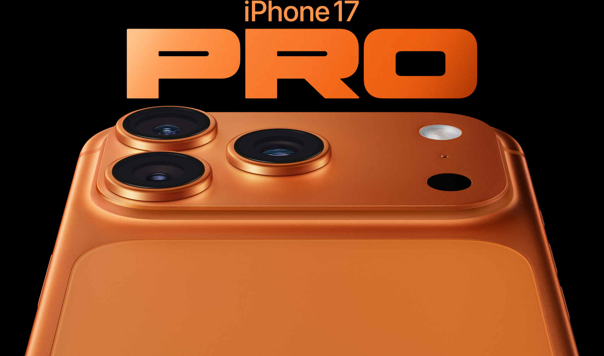 iPhone 17 Pro i kosmisk orange vist bagfra med Pro-kamerasystem i øverste venstre hjørne, tre objektiver, mikrofon og blitz