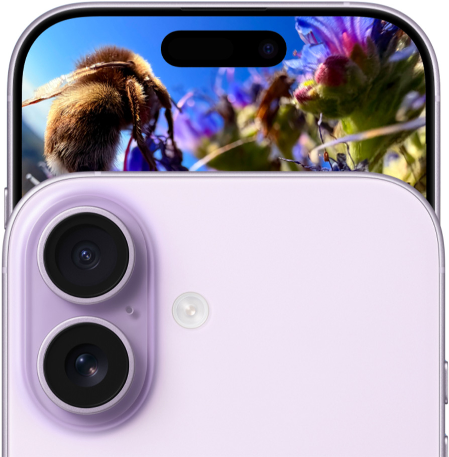 兩部薰衣草紫色 iPhone 17，分別展示機身正面外觀，以及機身背面的雙融合相機系統