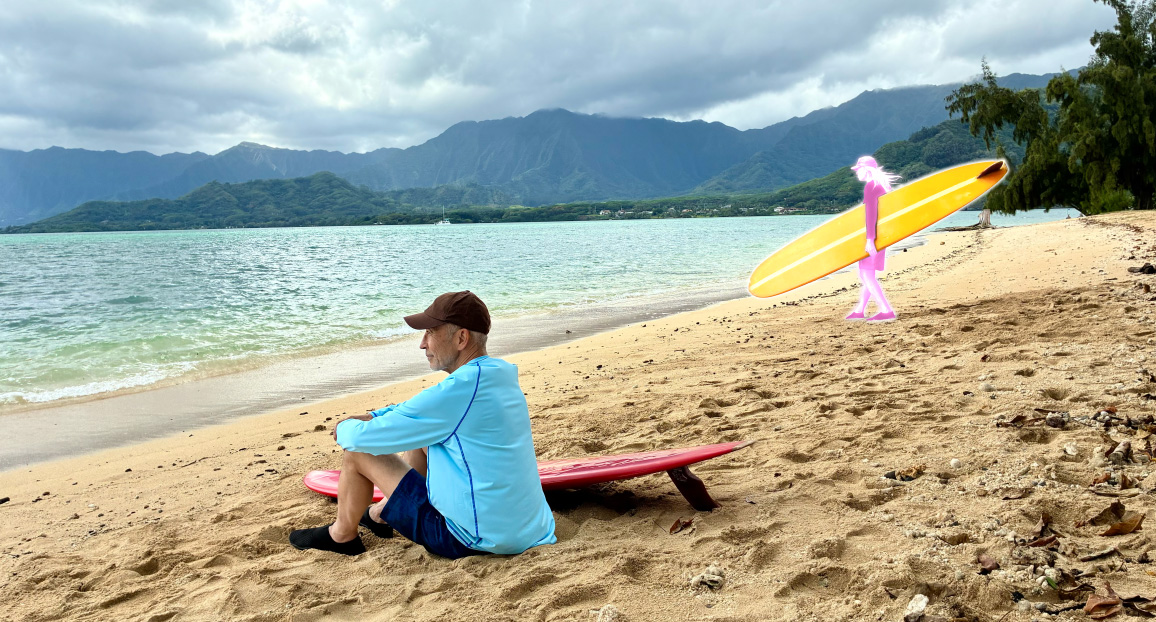 Photo d’un homme assis sur une plage, outil Correction en cours d’utilisation, avec mise en surbrillance d’une personne à supprimer de l’arrière-plan