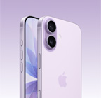 ラベンダーのiPhone 17、前面の外観と斜め後ろから見た外観。左上の隅にDual Fusionカメラシステム、カメラコントロールボタン。前面と側面の外観、オールスクリーンのデザイン、アクションボタン、音量調節ボタン、サイドボタン