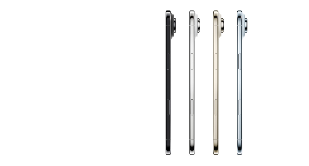 iPhone Air 展示側面外觀，顏色包括：天藍色、淺金色、浮雲白色，以及太空黑，展示極纖薄機身、融合相機系統、側邊的按鈕及相機控制按鈕。