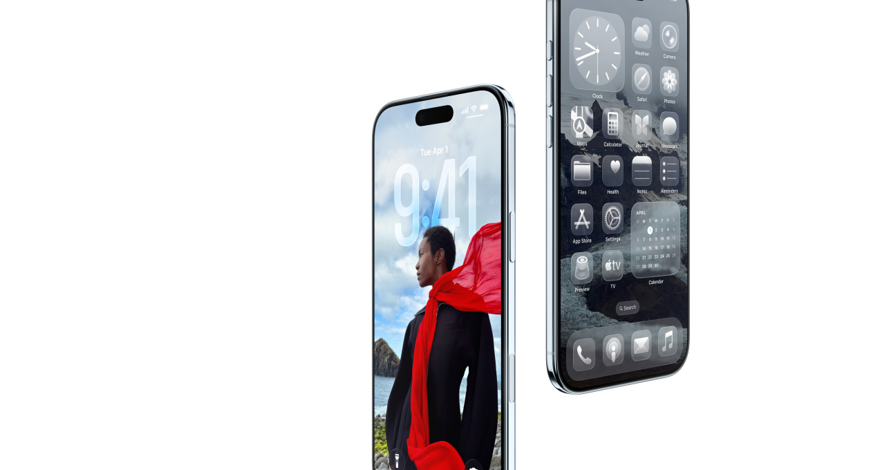 兩部 iPhone Air 裝置，機身正側面展現纖薄外形、動態的鎖定畫面，以及有多款 Liquid Glass app 的主畫面。