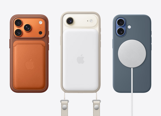 Side-by-side, iPhone 17 Pro back exterior with FineWoven Wallet with MagSafe attached, iPhone 17 back exterior with CrossBody Strap and silicon case, iPhone 17 back exterior with clear MagSafe case