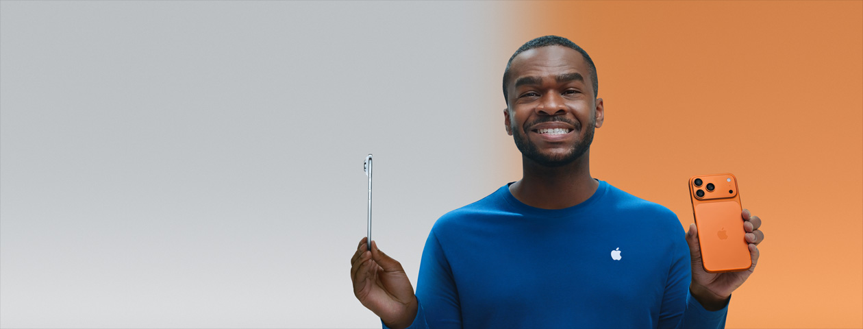 A Guided Tour, image of a person holding: iPhone 17 Pro, back exterior, cosmic orange finish, and an iPhone Air, side angle, sky blue finish
