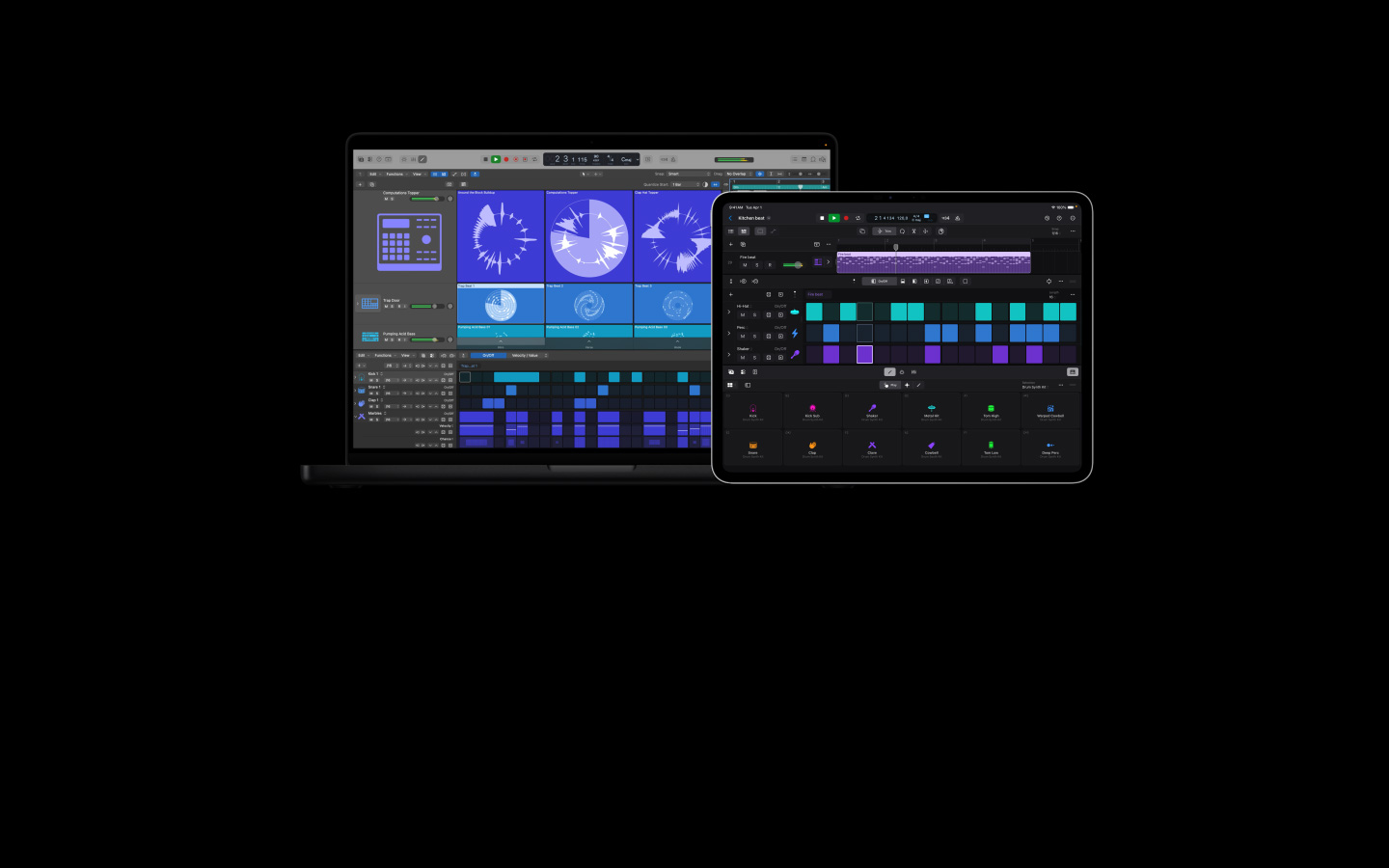 MacBook Pro 16 screen showing Logic Pro interface, details of various controls for bass and drums, iPad Pro 13 screen showing controls for different drums and percussion effects