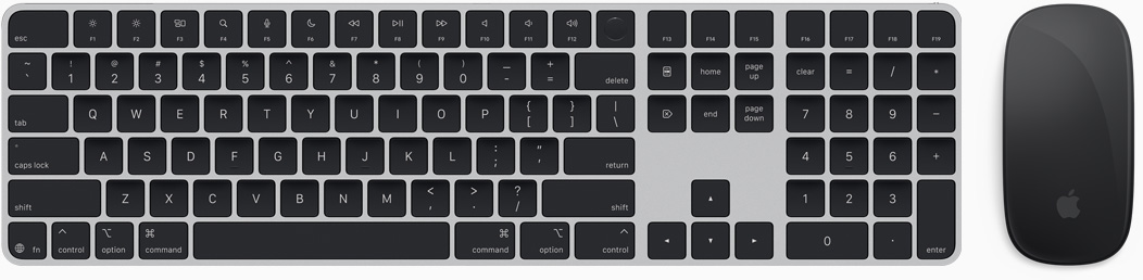 Widok z góry na klawiaturę Magic Keyboard i mysz Magic Mouse