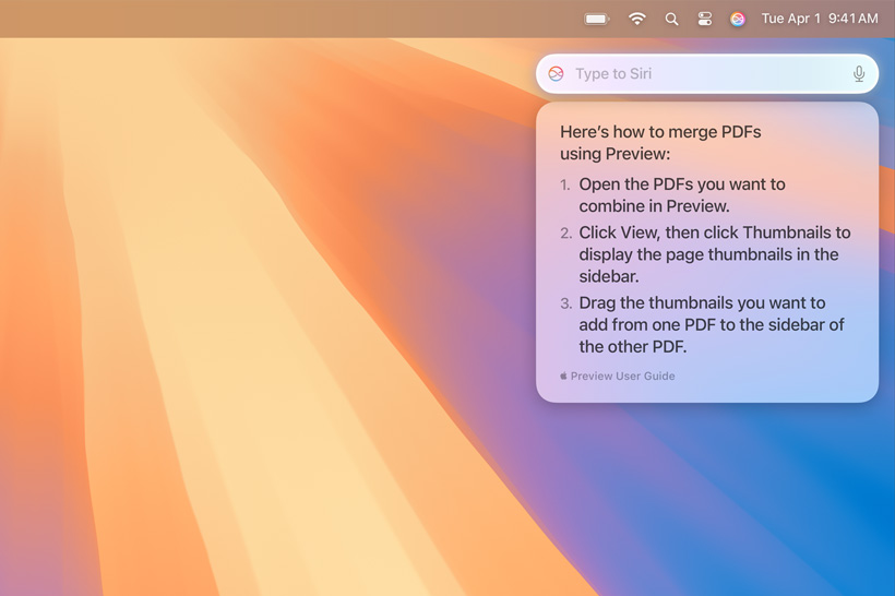 Kullanıcının birden fazla PDF’i birleştirme hakkında aradığı bilgiyi gösteren Siri açılır pencere metni