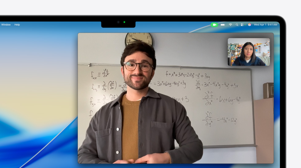 Video call on MacBook Air of a person talking to another person on the call, Center Stage keeps them centered in the frame, even as they move around