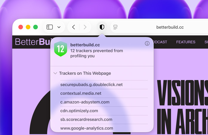 Privacy Report feature in use, showing list of cross-site trackers that Safari is preventing user from being profiled by